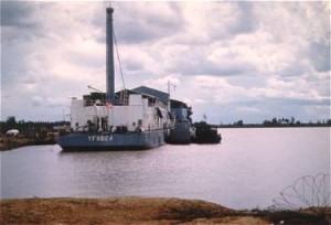 Dong Tam 1967. YRBM-17 (foreground) and APL-26. YRBM- 17 is displaying the YFNB-24 hull number which was later changed.